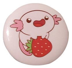 pin of a pink axolotl holding a strawberry