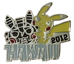 pin of pikachu holding a mask with the words hawaii 2012