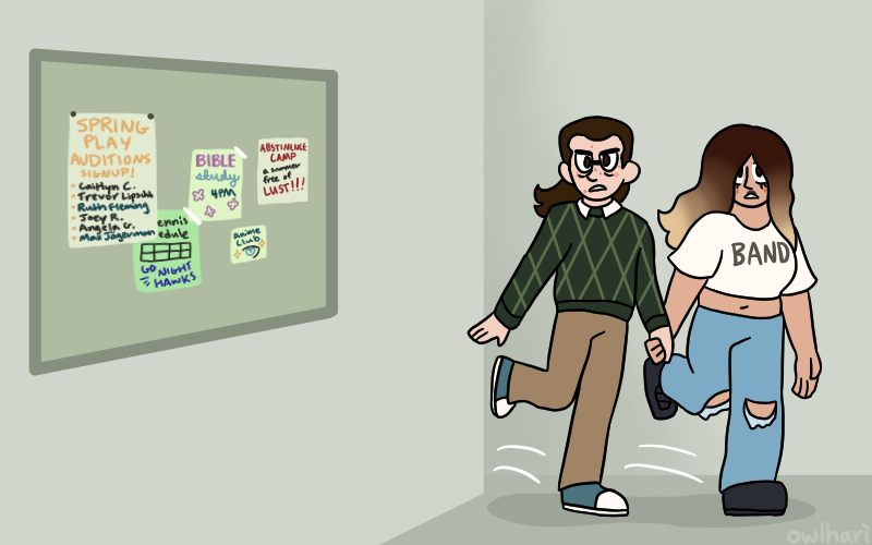 pete and steph turn a corner, holding hands. there's a bulletin board on the wall with various posters. they include spring play auditions, an abstinence camp ad, a bible study invitation, a tennis game schedule, and a small drawing for anime club.