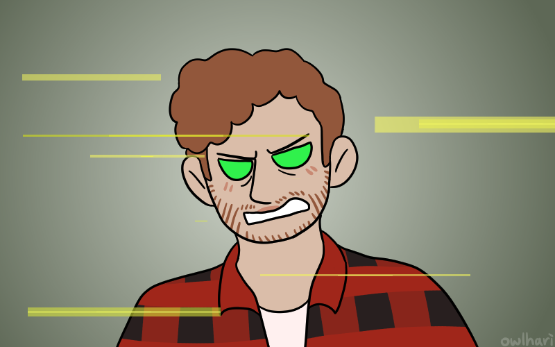 tom turns around with green eyes, glitch particles surrounding him. his face is angry as he shouts.