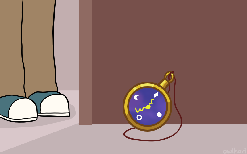 a view from under the table, showing a pocket watch leaning against the inside of the table. it's gold, with a space-like display. there are four markings on it: a star, a filled circle, a blank circle, and a crescent moon. pete's legs are seen at the side, standing at the table.