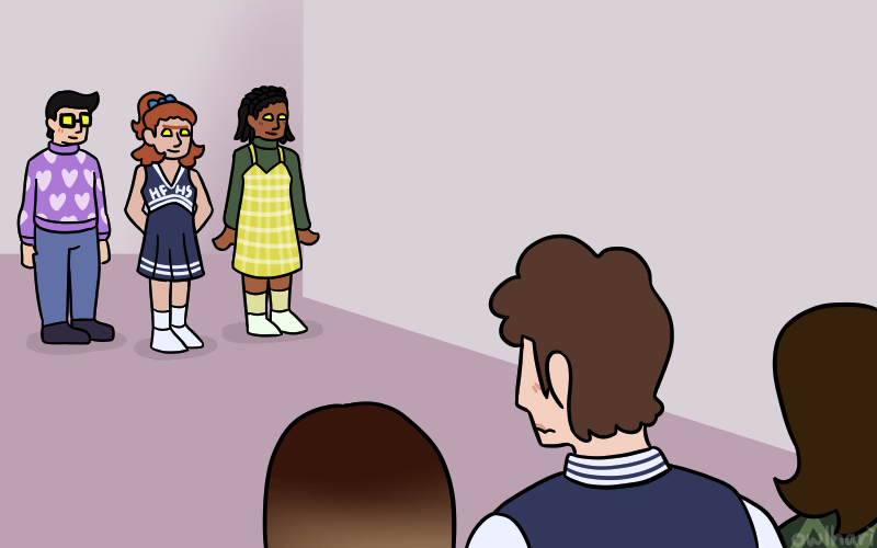 the gang looks on at the end of the hall. reese, kyle, and brenda are standing there with glowing yellow eyes. reese wears a cheerleading uniform, kyle has a purple sweater and thick glasses, and brenda is in reese's usual outfit with braided hair.