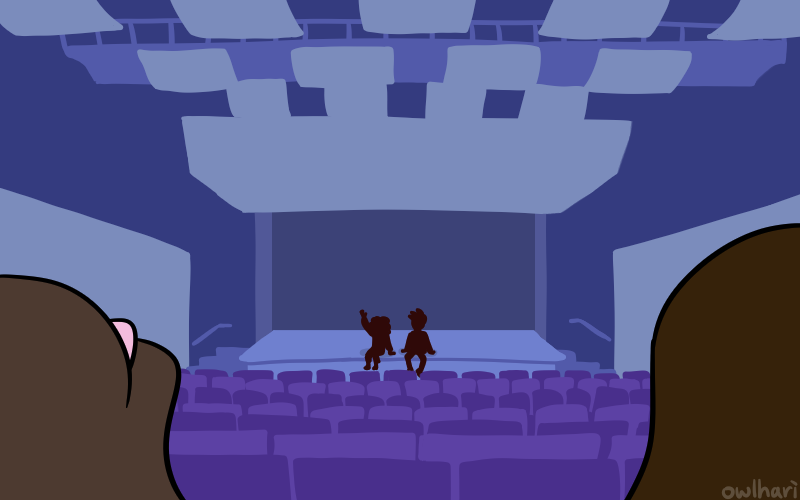 a wide shot of the school's theatre, drawn in blues and purples. ruth and richie are sitting at the edge of the stage as grace and pete look on from the entrance.