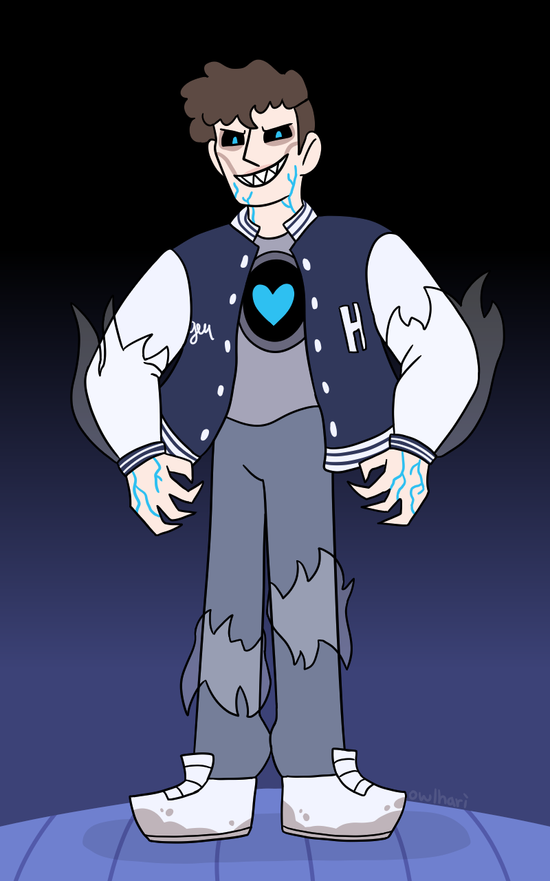 full shot of max's entire body. he is pale, with a sunken face and dark eyes that glow blue. there is a hole in his chest, in which a blue heart is floating. he's grinning with sharp teeth. blue veins are visible on his neck and hands, which have pointed fingers. ripped plastic is wrapped around his arms and legs. there's dirt on his shoes.