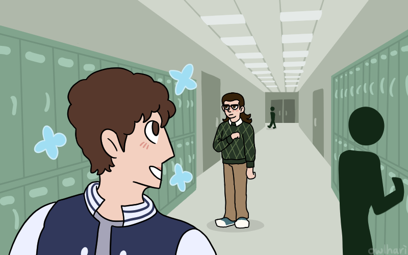 the view zooms out to the entire hallway. pete is standing in the center, looking unamused. max is in the foreground, walking away from pete with his head turned back to talk to him. there are little blue flowers around his head to show he's being really sweet right now.