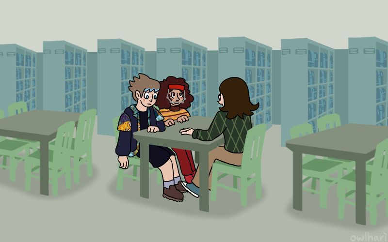 pete, ruth, and richie sitting at a table in the school library. pete is on one side of the table, back to the camera, and ruth and richie are on the other side. richie is staring blankly at the table and ruth is looking to pete questioningly.