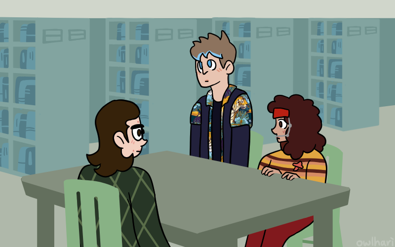 shot of the trio, back in reality at the library table. everyone is staring into space with blank expressions.