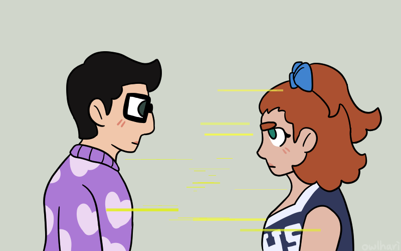 chest-up view of reese and kyle blankly staring at each other, a few glitch particles still visible. kyle has thick square glasses and a purple sweater with hearts on it. reese is wearing a cheerleader uniform.