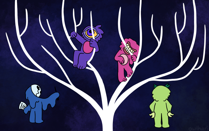 the lords in black in their plushie forms, except tinky, interacting with a white timeline tree in a starry void. each lord is focusing on one large branch of the tree. pokey is singing, holding a sheet of music and conductor's wand. blinky is sitting in the branches, watching. nibbly is biting a branch. wiggly is standing with tentacled hands on his hips, back to the viewer.