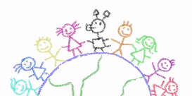 crayon GG holding hands with a chain of people standing on a globe