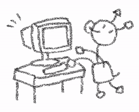 crayon drawing of GG typing on a computer